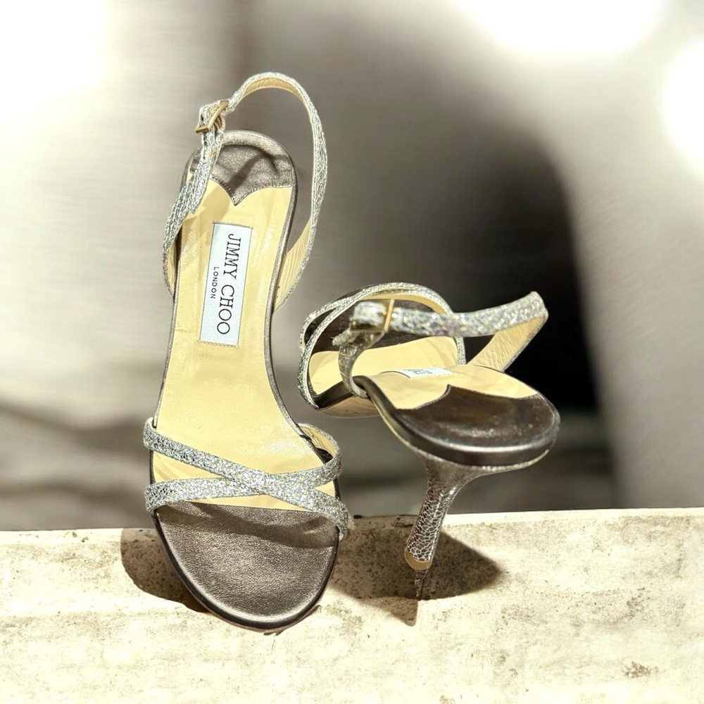 🆕 Jimmy Choo Silver Sandals Strappy Glitter